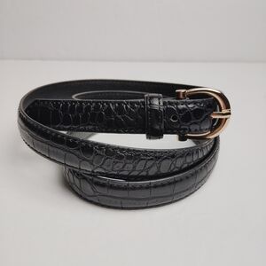 Mango MGN Women's Belt Black Faux Leather Croc Effect Gold Tone Buckle XL